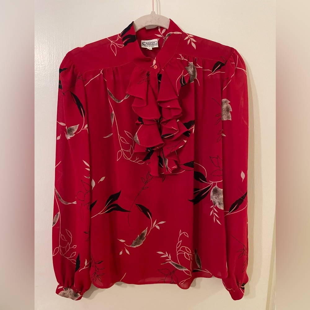 Vintage Campus Casuals Red Print Lightweight Ruffle Blouse Sz L
